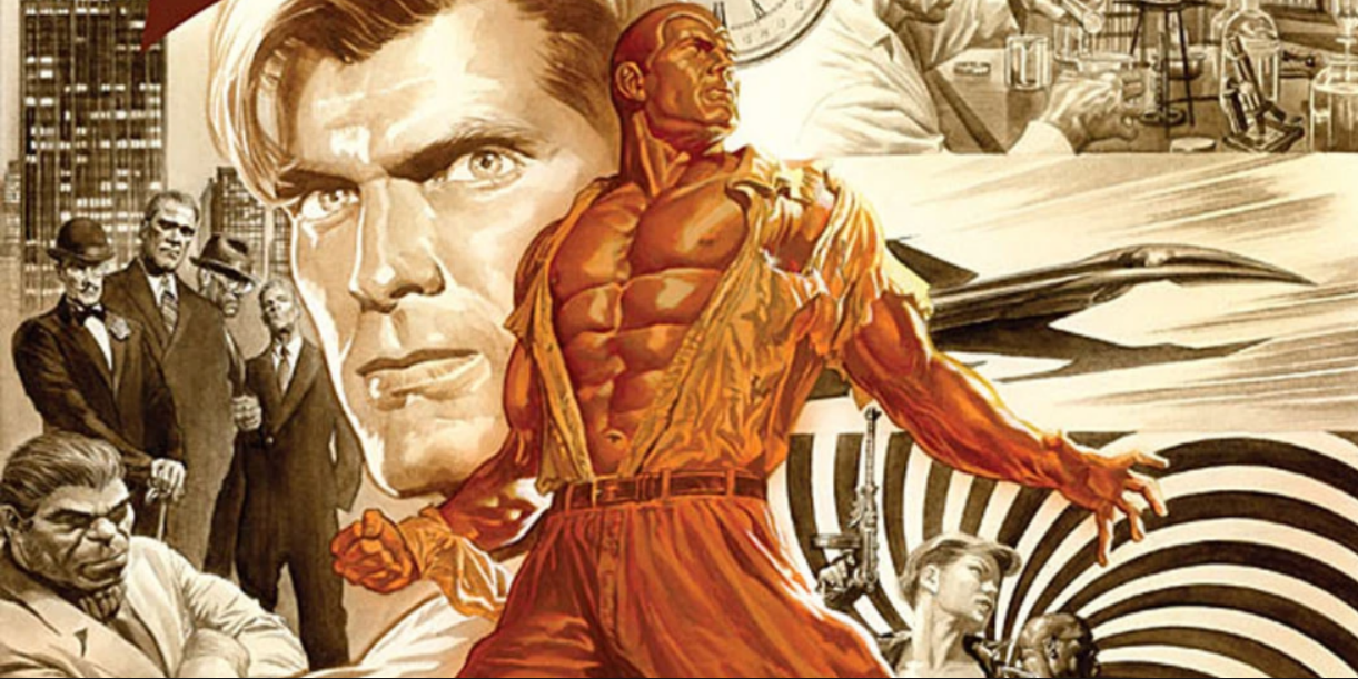 Doc Savage juxtaposed against a grey background of mobsters in a city.