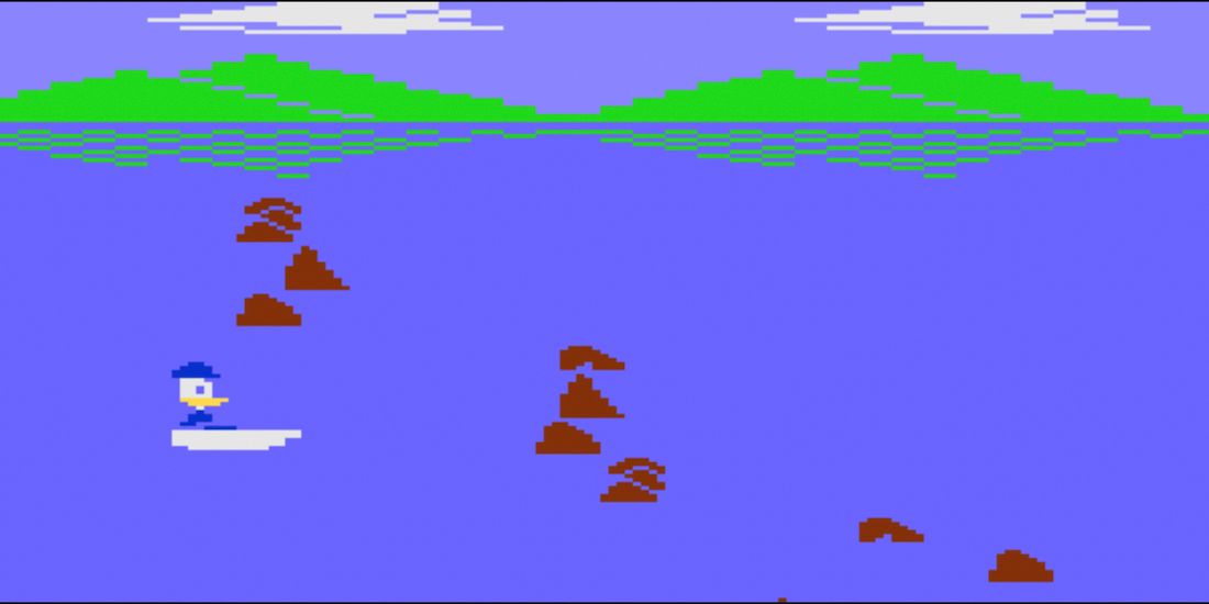 Donald Duck avoids rocks in Donald Duck's Speedboat for the Atari 2600