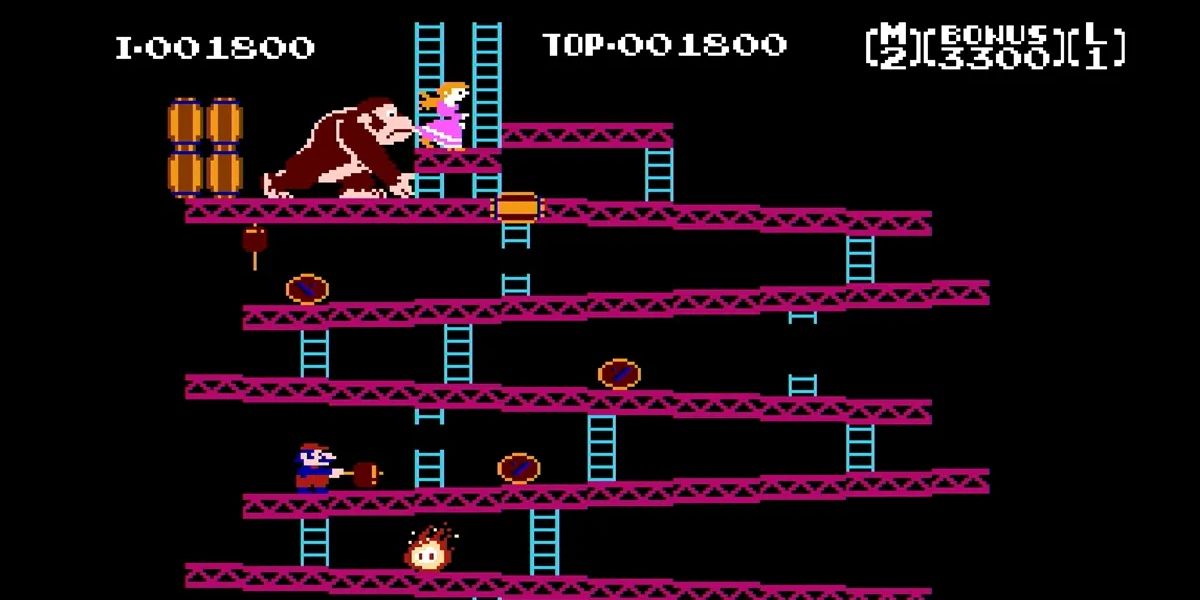 Um jogador quebrando barris no jogo Donkey Kong.