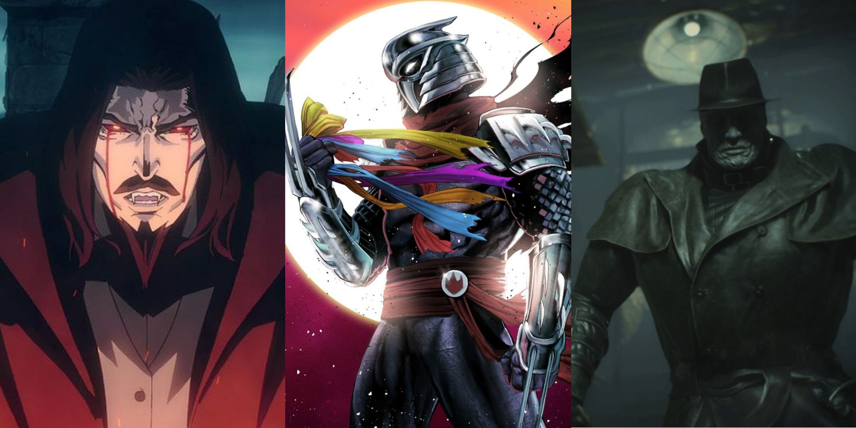 Dracula Netflix's Castlevania, Shredder TMNT, and Mister X RE 2 split image.