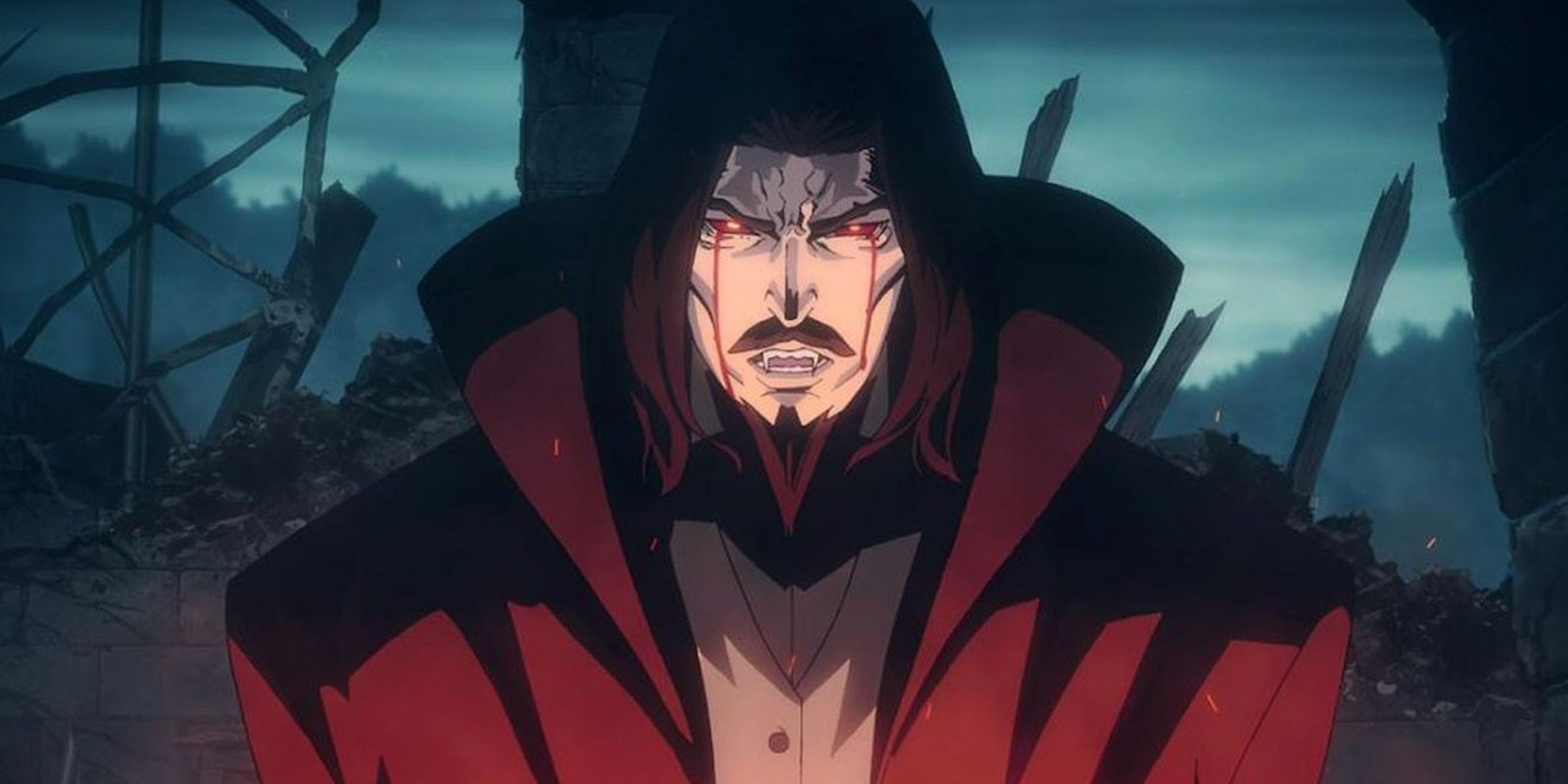 Drácula chorando lágrimas vermelhas em Castlevania da Netflix.