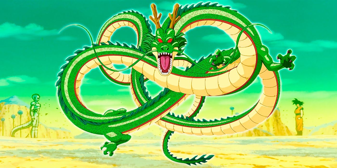 Shenron roaring with glowing red eyes in Dragon Ball Z.