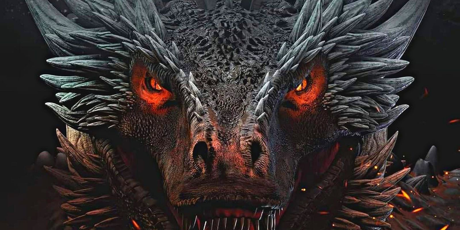 A black and grey dragon with glowing red eyes glaring at the reader