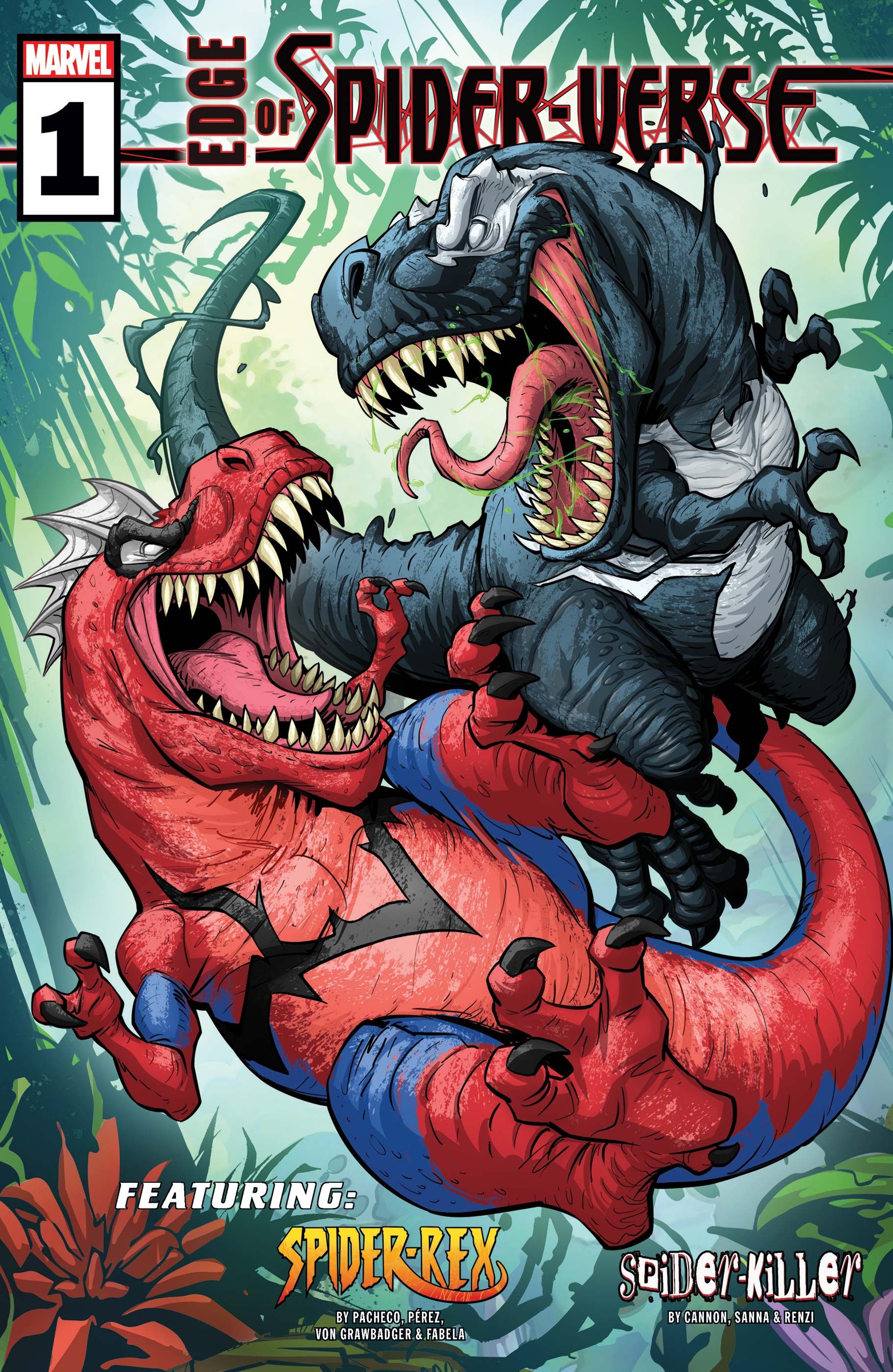 Spider-Rex and Spider-killer Venomsaurus battling each other