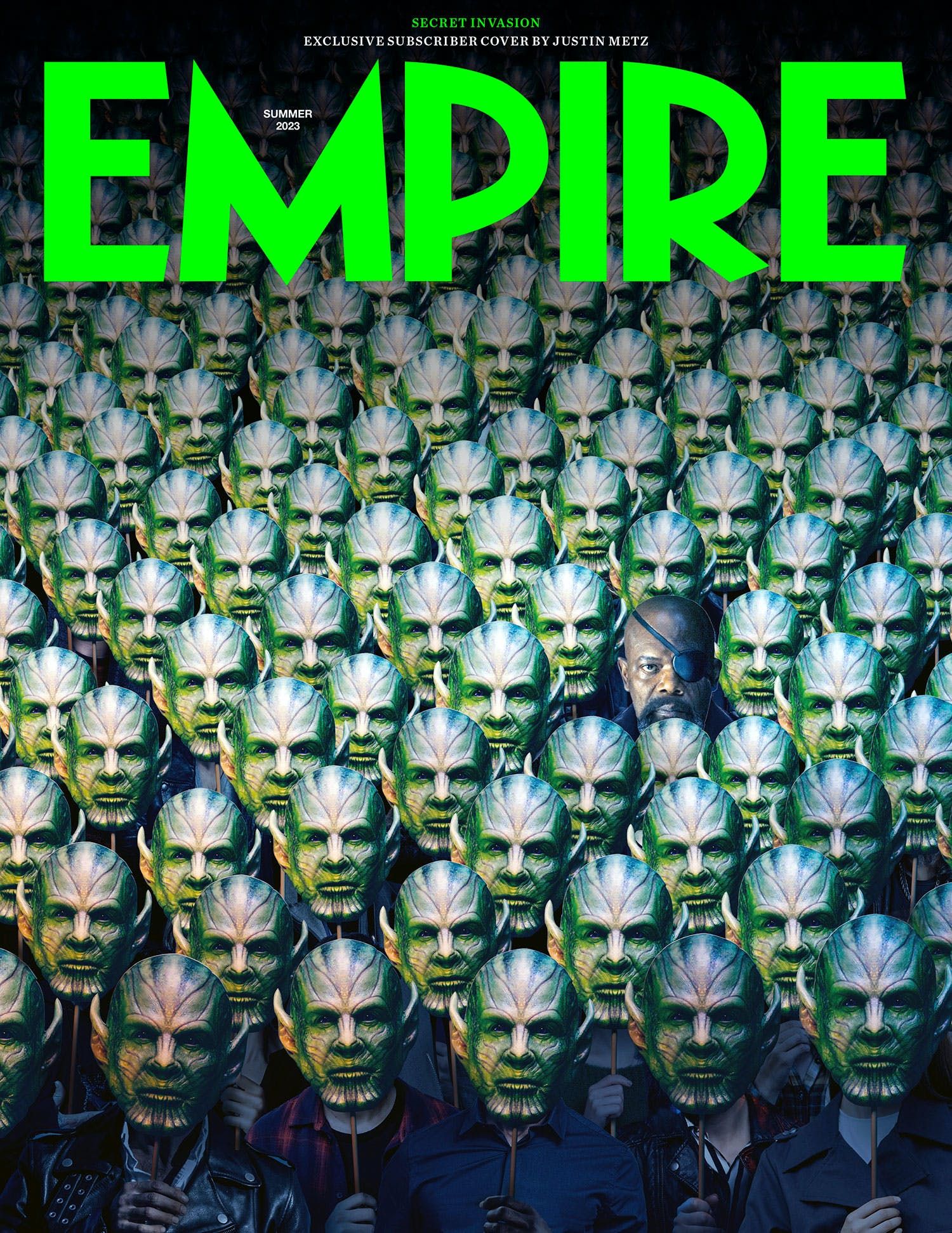 Capa de assinante da Empire's Secret Invasion criada exclusivamente por Justin Metz, que faz riffs no pôster teatral de Being John Malkovich.