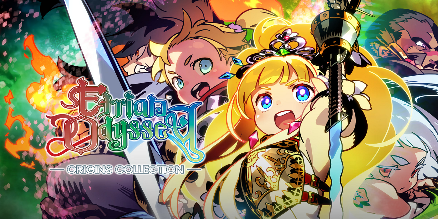 Capa da Etrian Odyssey Origins Collection com dois dos personagens principais dos jogos