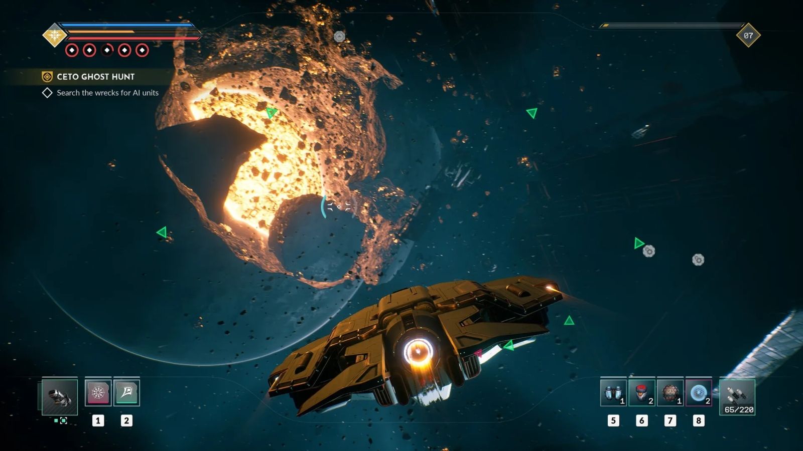 Uma captura de tela do jogo EVERSPACE 2 de uma nave voando pelo espaço