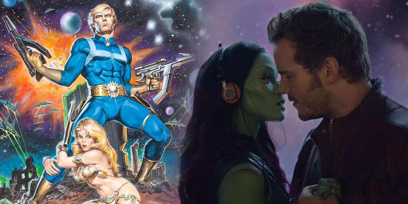 Split image of Star-Lord in his classic comic role and the MCU version kissing Gamora
