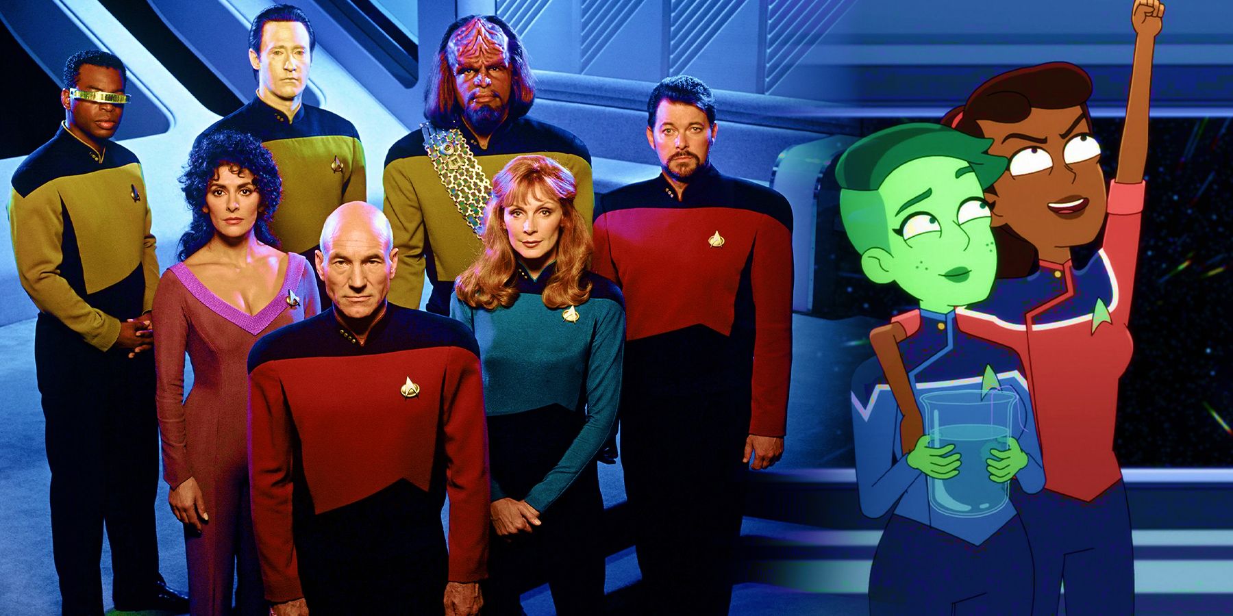 Crew members from Star Trek: The Next Generation and Star Trek: Lower Decks
