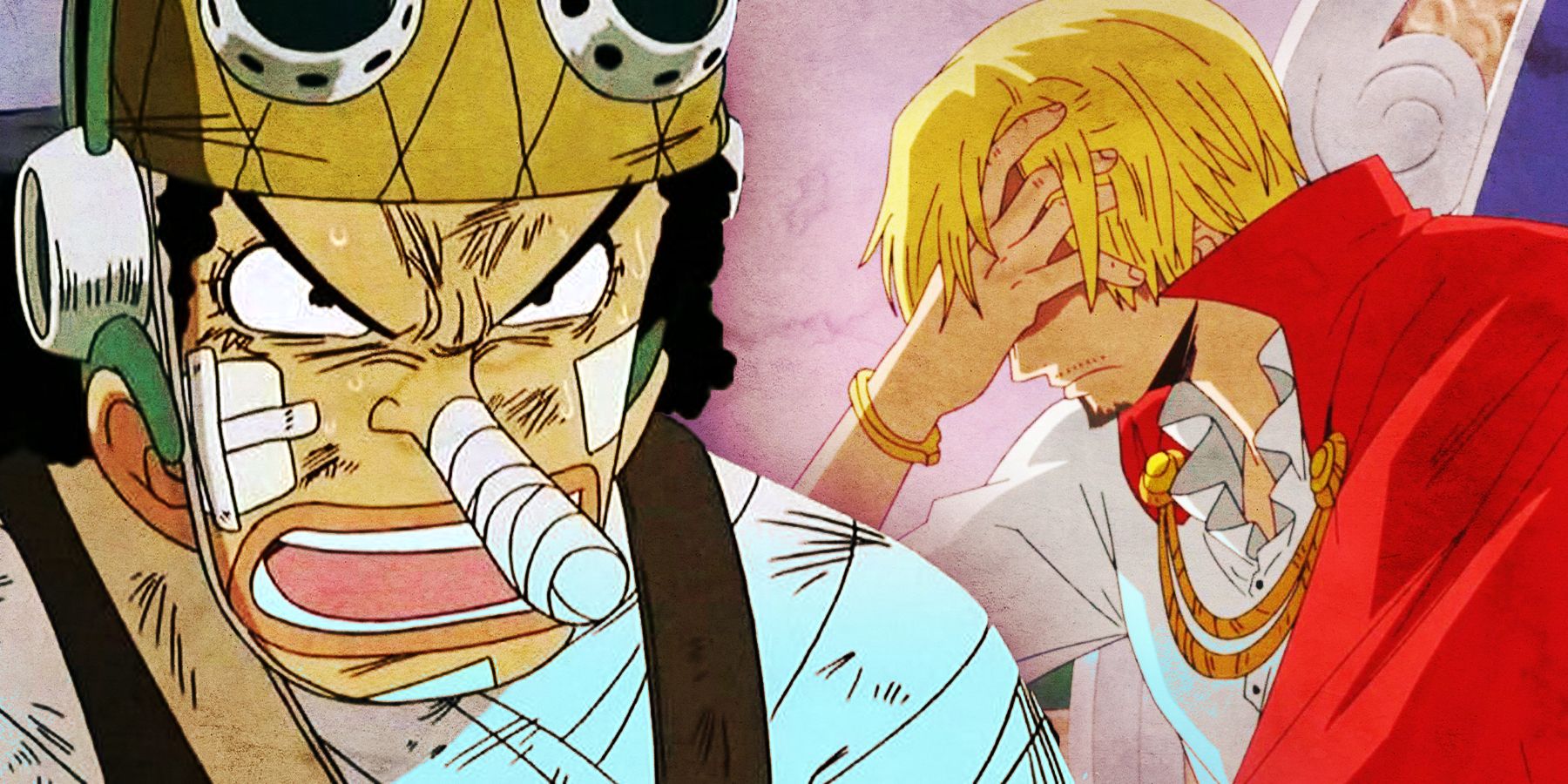 Split image of One Piece's Usopp angry on the left and Sanji conflicted on the right
