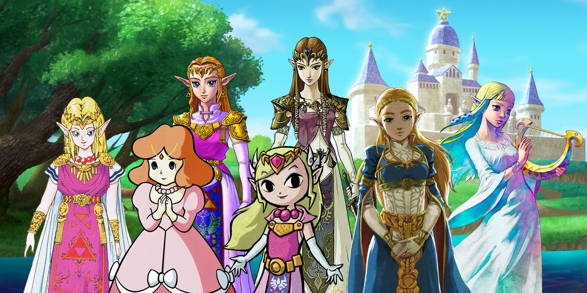 Different incarnations of Princess Zelda stand in front of Hyrule Castle.