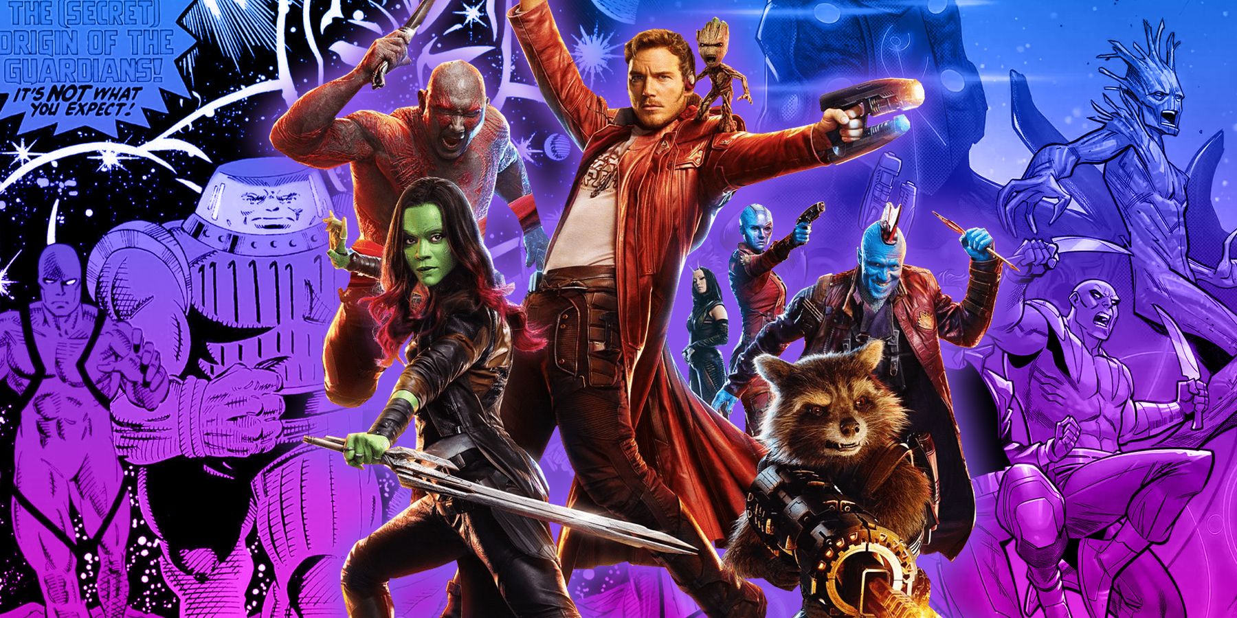Collage of the MCU's Guardians Of The Galaxy with the comic versions in the background