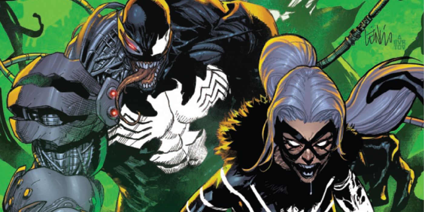 A venom variant of Black Cat standing in front of a cyborg Venom