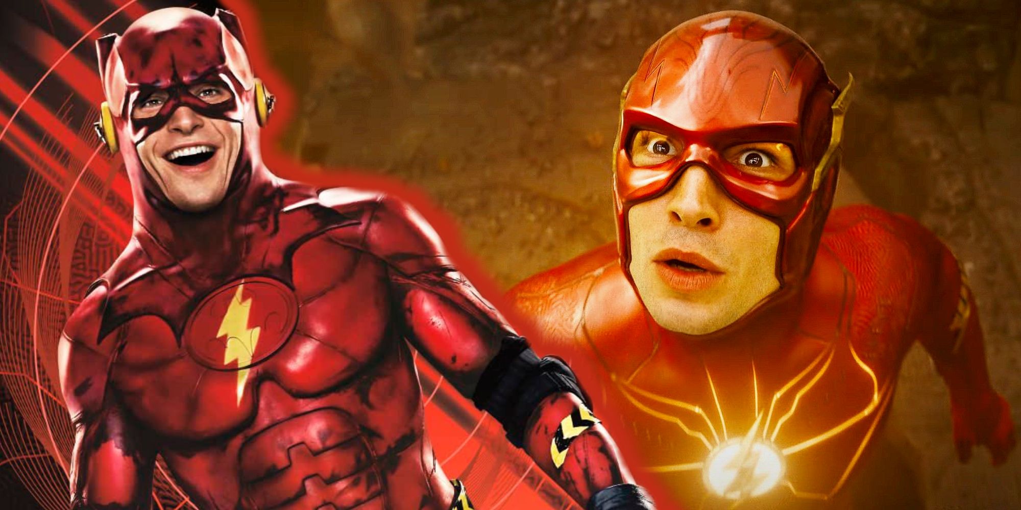 Ezra Miller as Barry Allen and the Other Barry in his modified Batman suit for The Flash.
