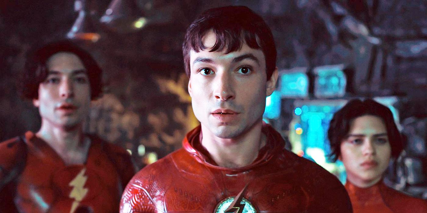 Ezra Miller as Barry Allen/The Flash, with Barry (Miller) and Supergirl (Sasha Calle) behind them.