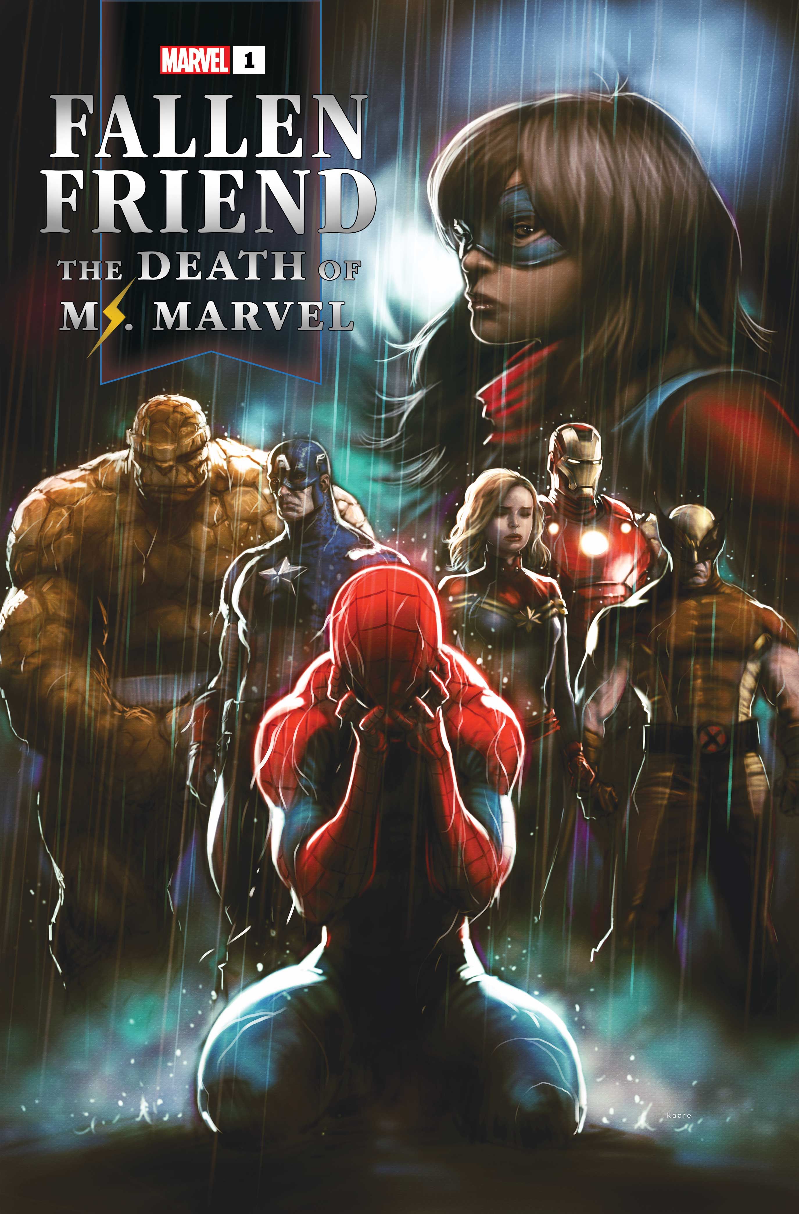 peter parker and his fellow heroes mourning the loss of ms marvel on the cover of "fallen friend death of ms marvel"