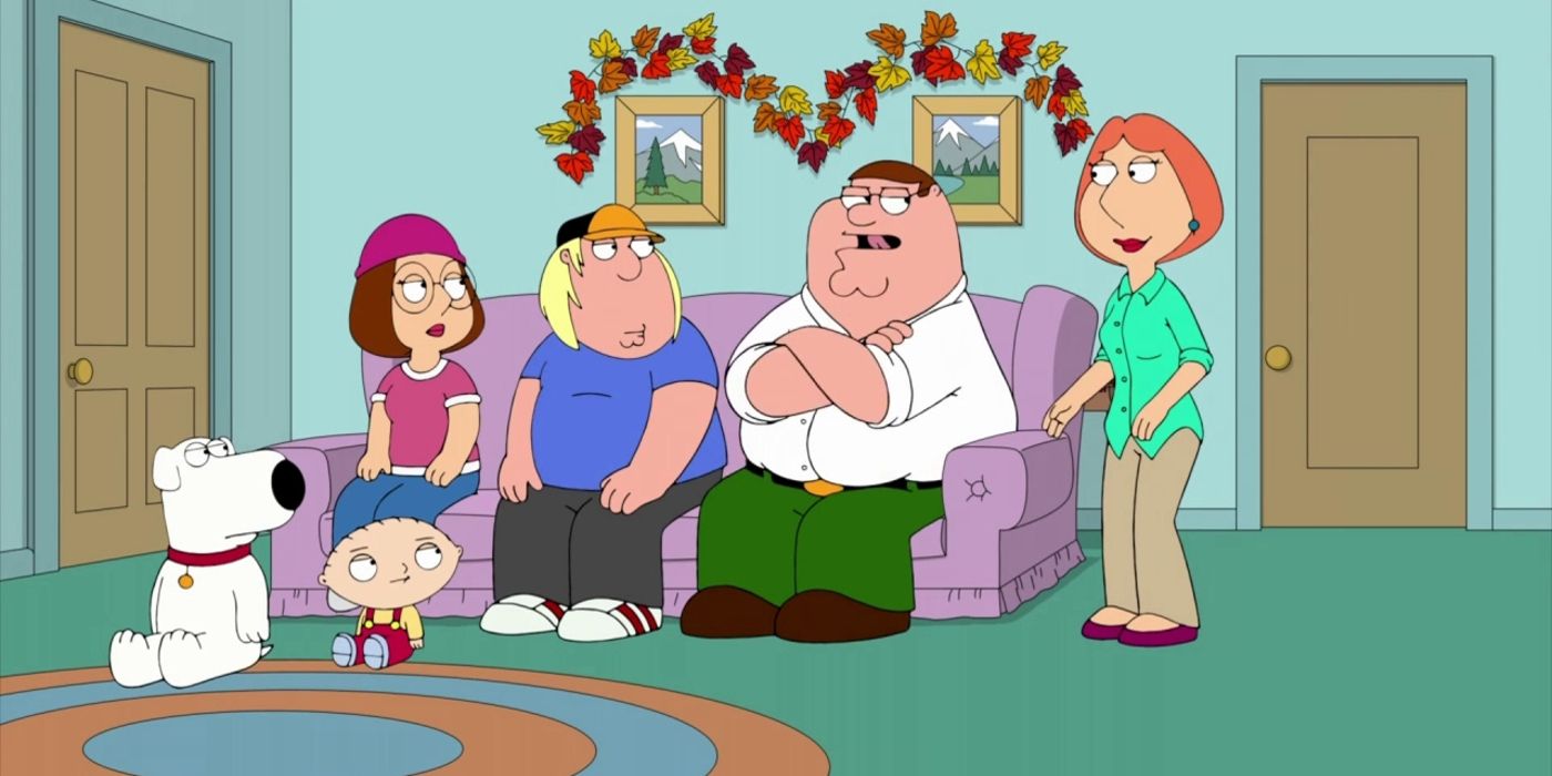 The Griffins sit on the sofa in Family Guy