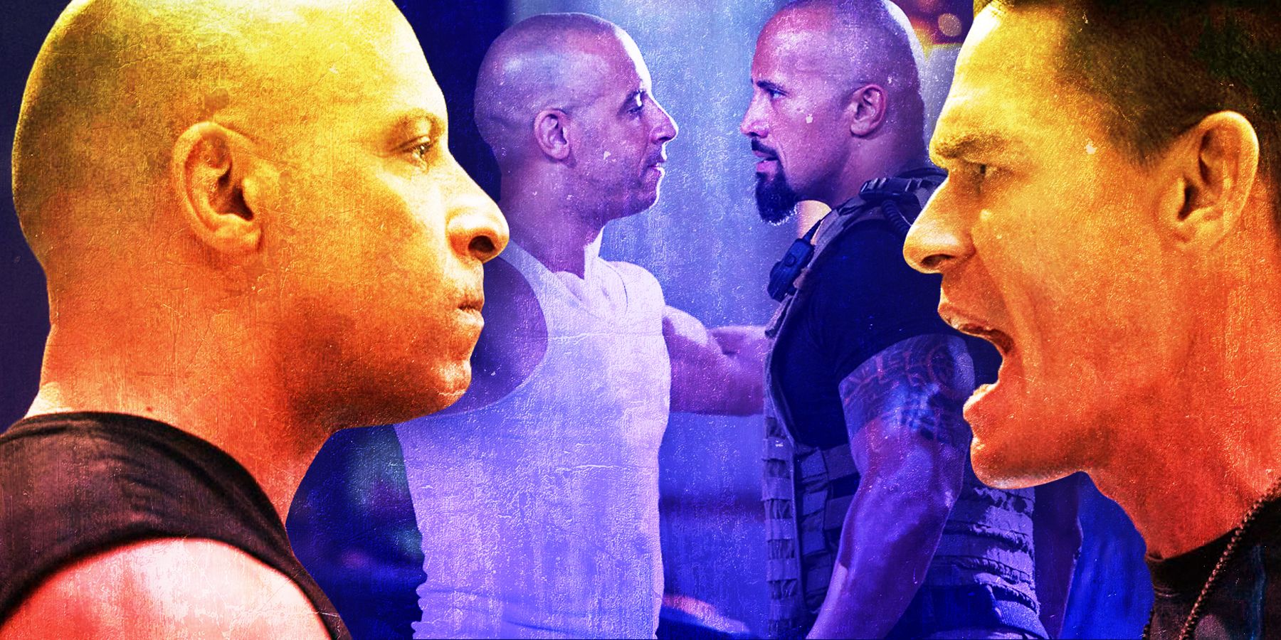 Dominic Toretto staring at his brother Jakob and Dominic staring down Lukje Hobbs from the Fast and Furious franchise 