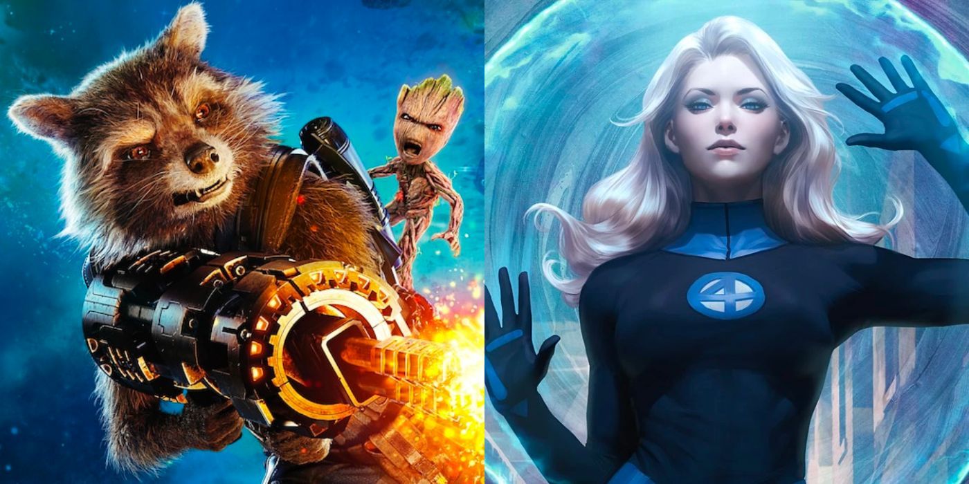 split image: MCU Rocket Raccoon and Babu Groot and Sue Storm from Fantastic Four comics
