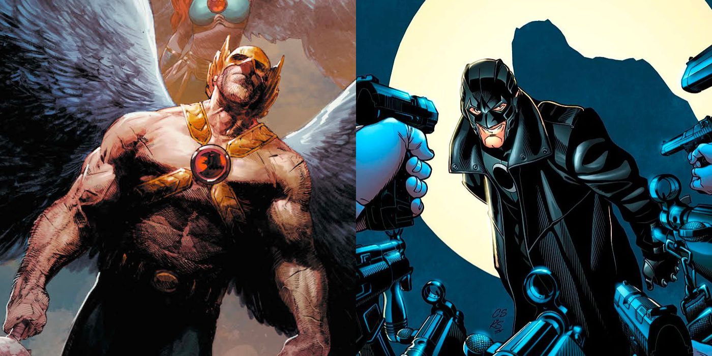 A split image of Hawkman flying and Midnighter being held at gunpoint