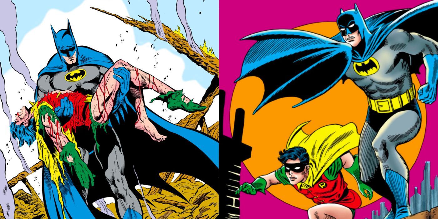 Batman holding Jason Todd's dead body and Batman and Robin Silver Age comics