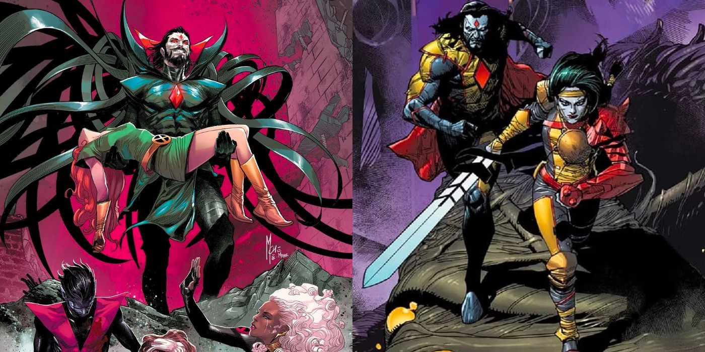 Split image of Sinister carrying Jean Grey and of Sinister running with Rasputin IV in Marvel Comics