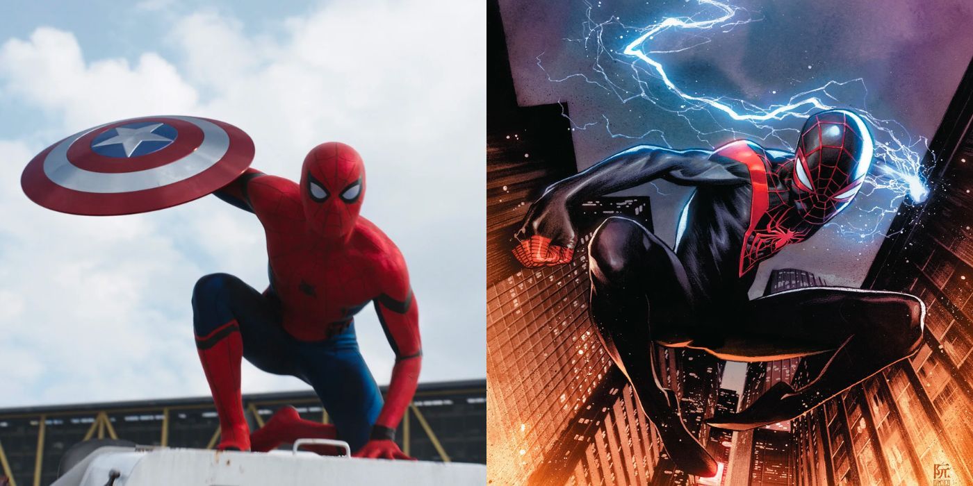 MCU Spider-Man in Civil War with Cap's shield and Miles Morales in Spider-Man comics