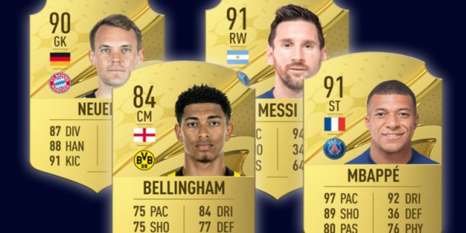 Neuer, Bellingham, Messi and Mbappe FIFA cards