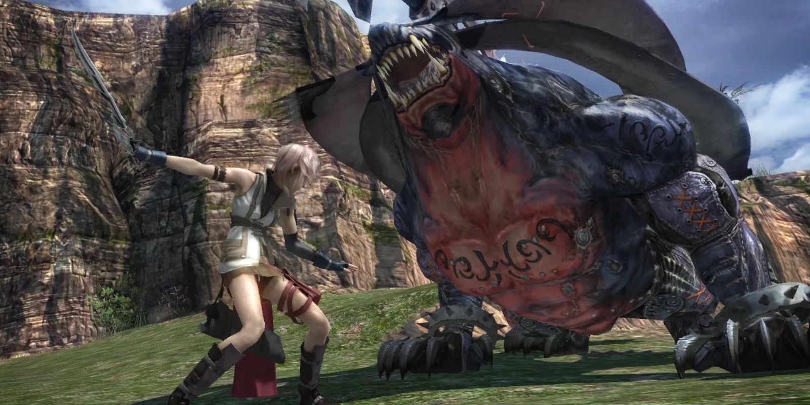 Final Fantasy XIII gameplay featuring a dragon fight.