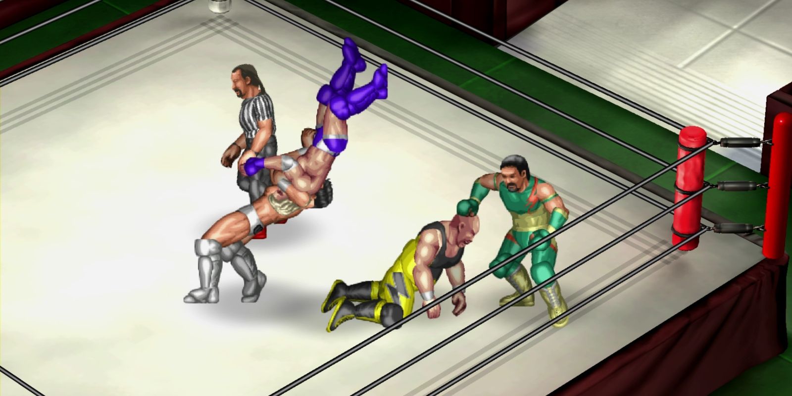 A screenshot from Fire Pro Wrestling World featuring 2 pairs of wrestlers and a referee