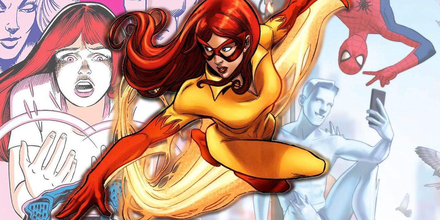 Firestar flies in the forground, surrounded by images of her as a teen and of Spider-Man & Iceman.