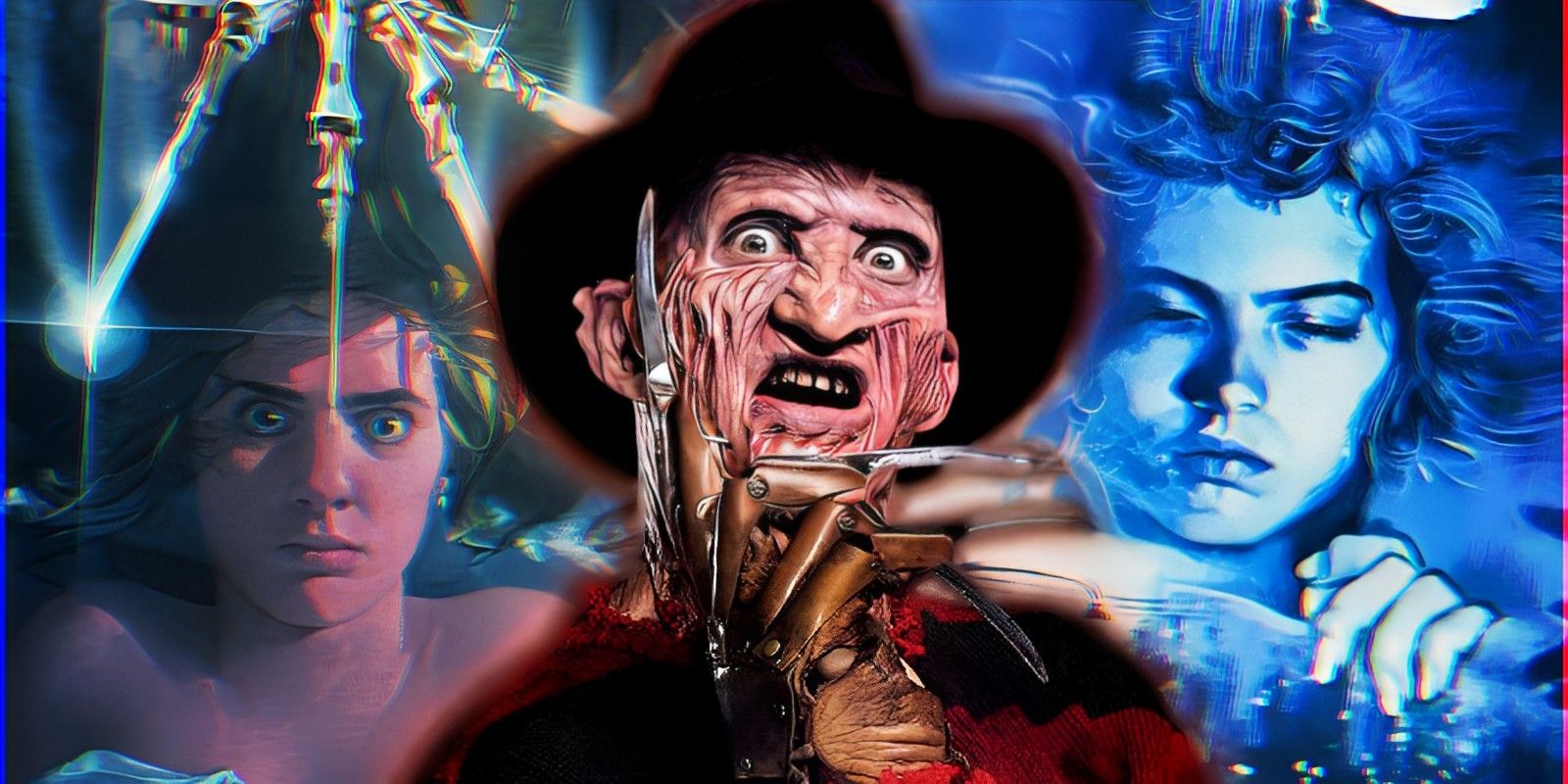 A Nightmare on Elm Street’s Freddy Krueger in front of the original movie posters.