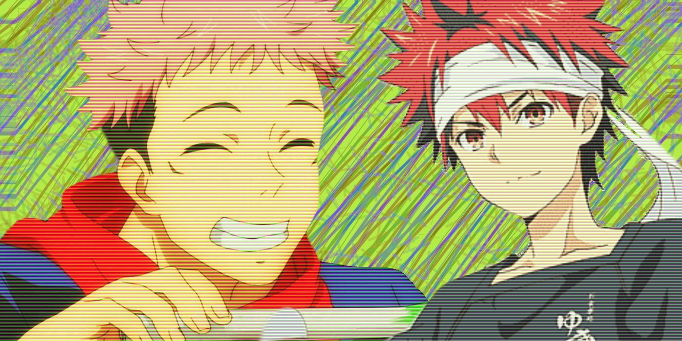 Yuji Itadori smiling with his eyes closed and holding a leek from Jujutsu Kaisen; Souma Yukihira smiling with his bandana on his head from Food Wars.