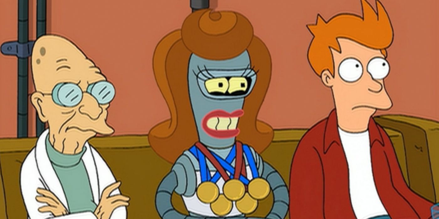 Bender enquanto Coilette se senta com o Prof. Farnsworth e Fry em um sofá em Futurama