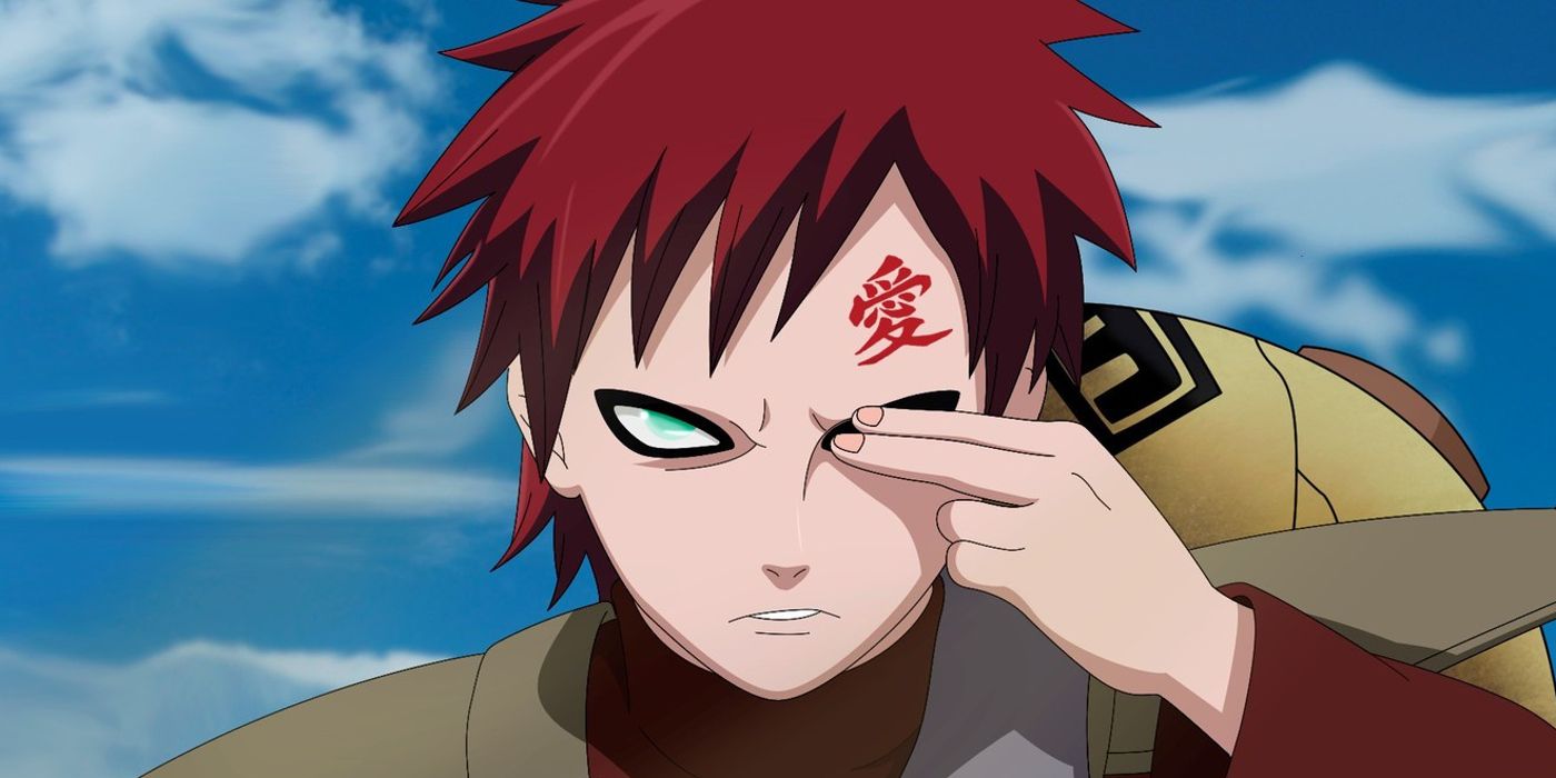 Gaara covers his left eye and prepares to carry out his jutsu