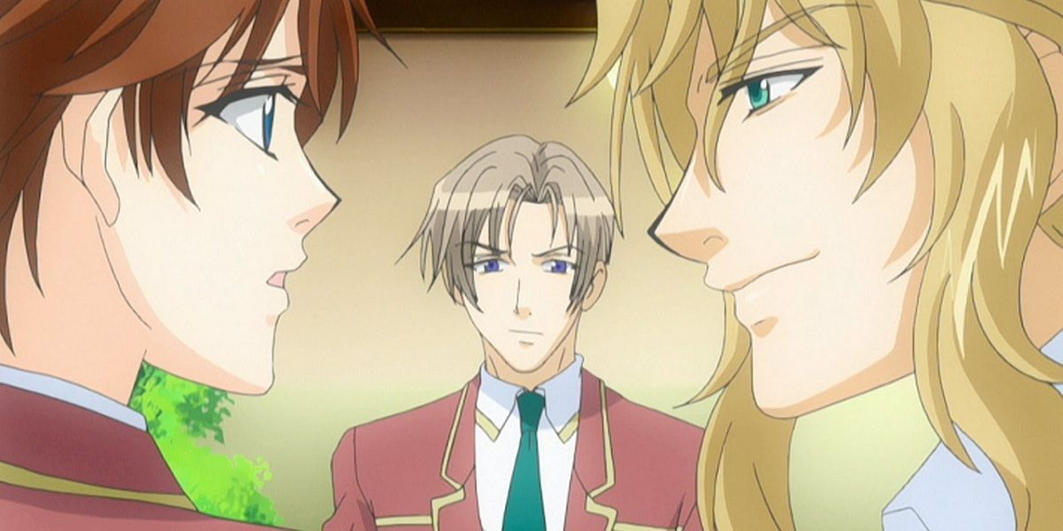 Naruse flirting with Keita while Kazuki watches, frowning in the Gakuen Heaven anime