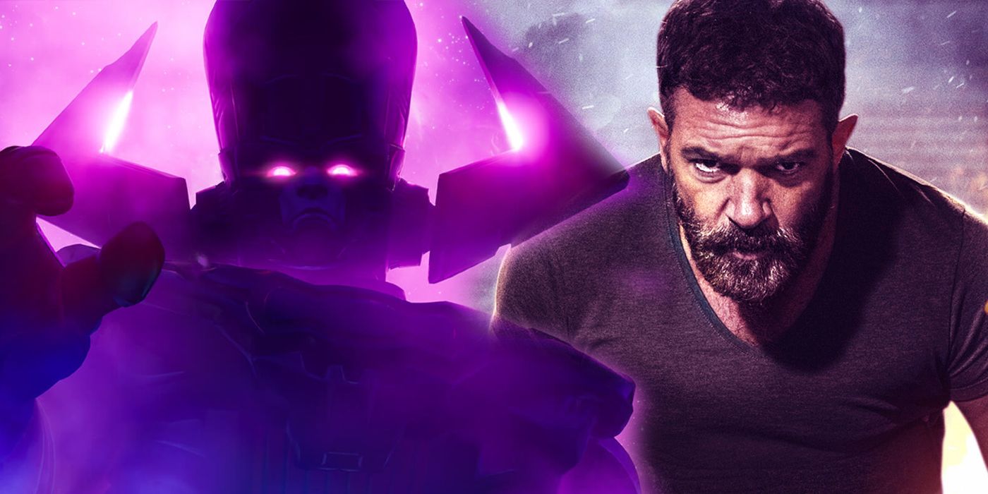 Split Image of Galactus towering over the viewer; Antonio Banderas poster for Security