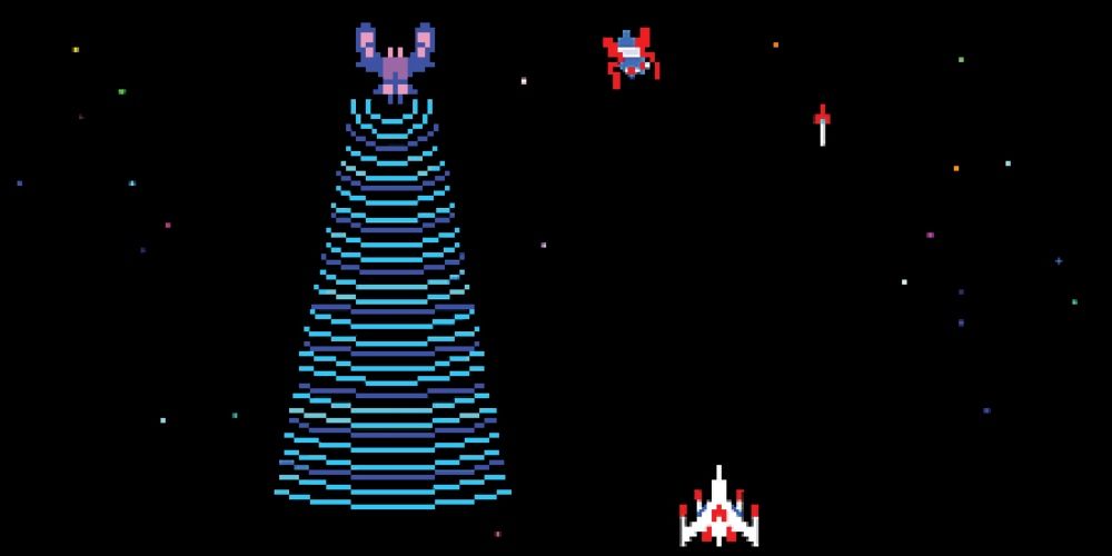 Um jogador trocando fogo com alienígenas no jogo de arcade Galaga.