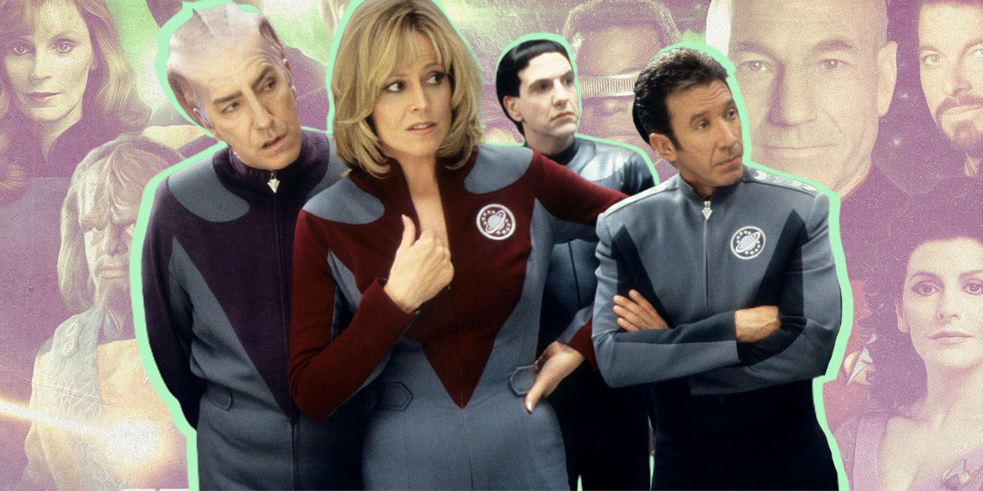 Galaxy Quest Characters looking to right in front of Star Trek The Next Generation