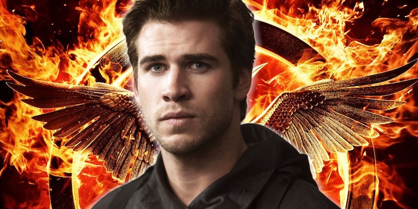 Gale Hawthrone in front of burning mockingjay pin
