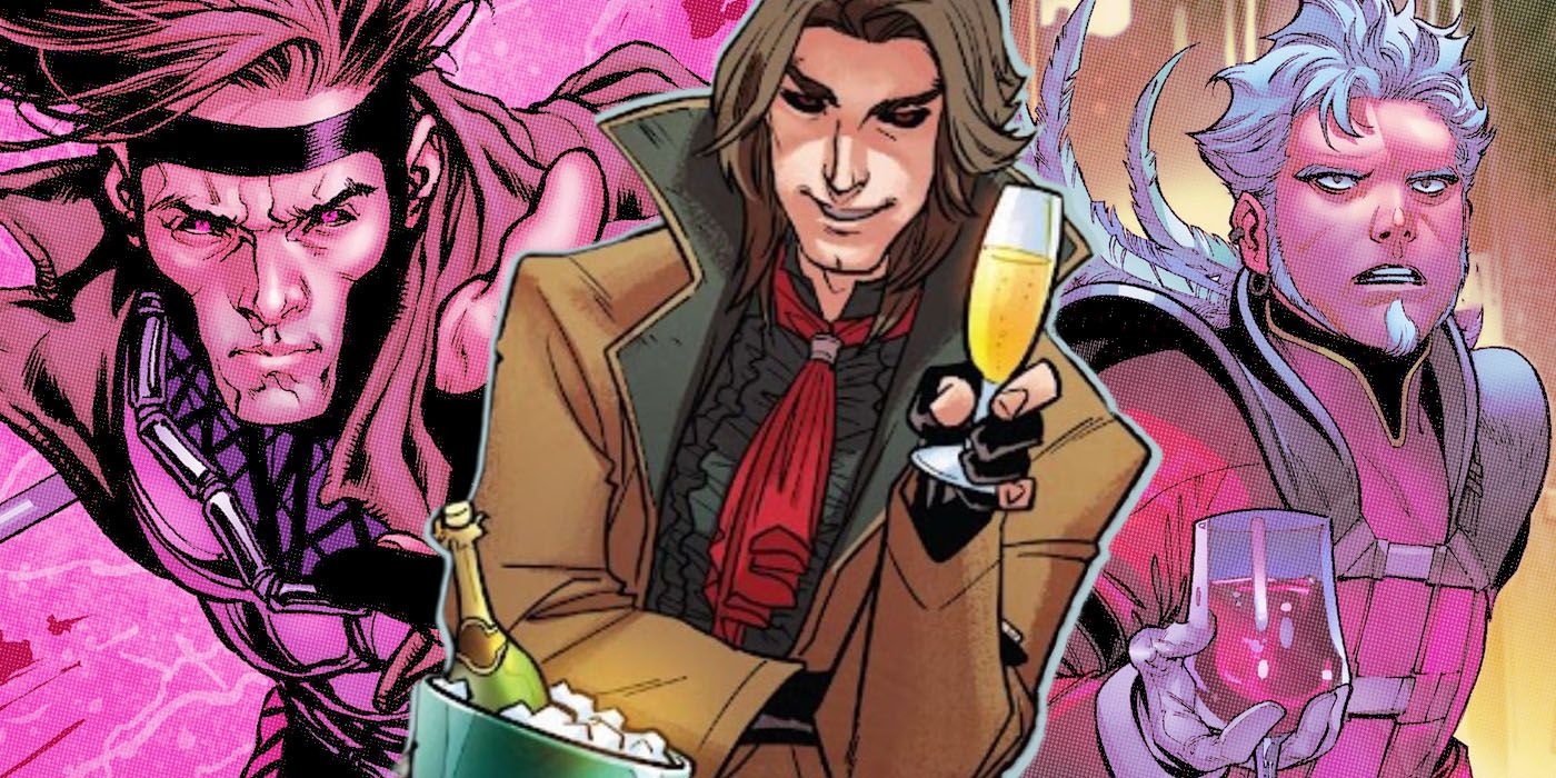Gambit/Collector holding glass of champagne in front of Gambit and the Collector