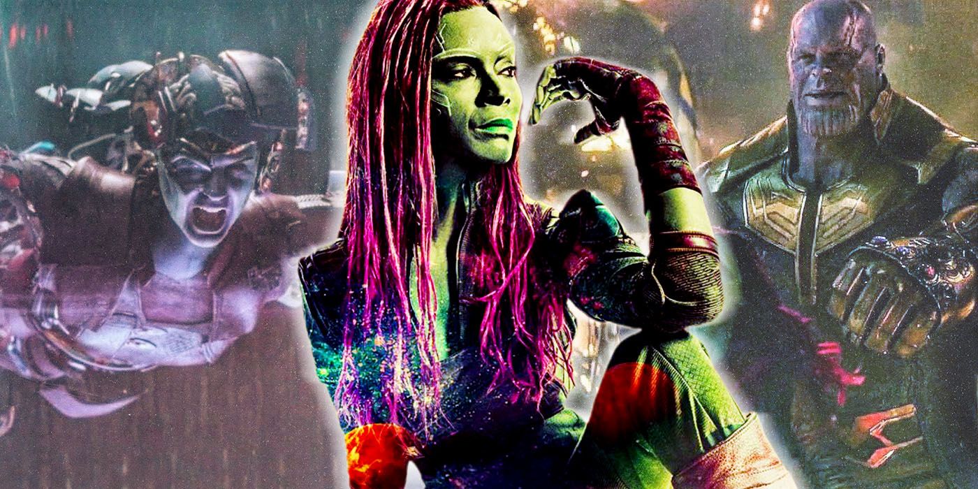 Gamora from Guardians of the Galaxy Vol. 3 flanked by Nebula and Thanos from Avengers: Infinity War.