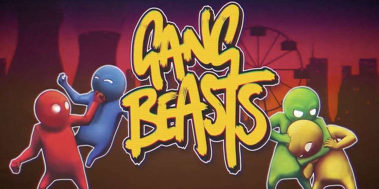 Gang Beasts art with the logo and four solid color figures fighting