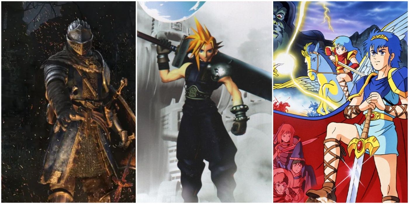 A split image of Dark Souls, Cloud Strife from Final Fantasy VII, and Fire Emblem: Shadow Dragon