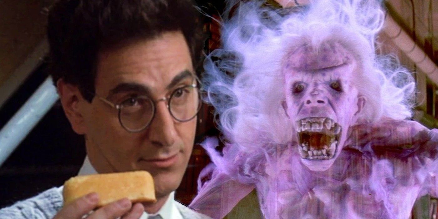 Harold Ramis as Egon Spengler holding a twinkie and the Librarian Ghost from Ghostbusters.