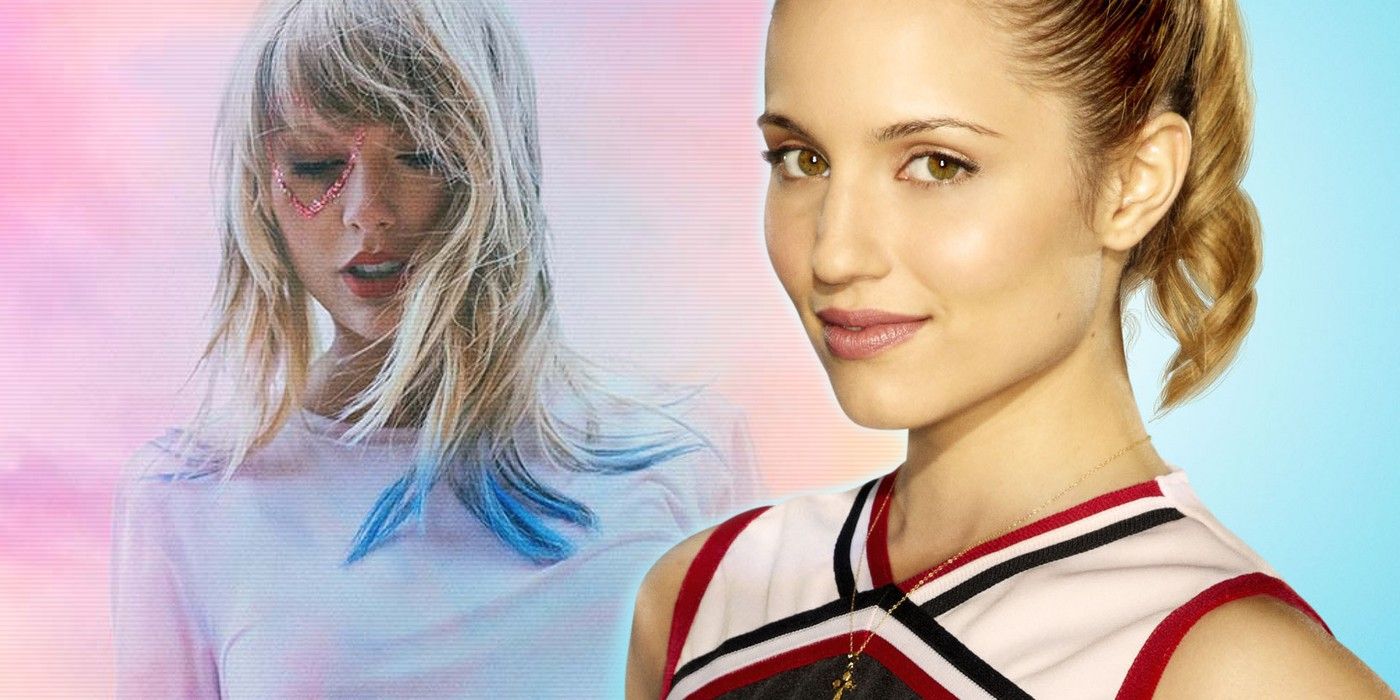 Dianna Agron as Quinn Fabray in Glee and Taylor Swift's Lover album cover