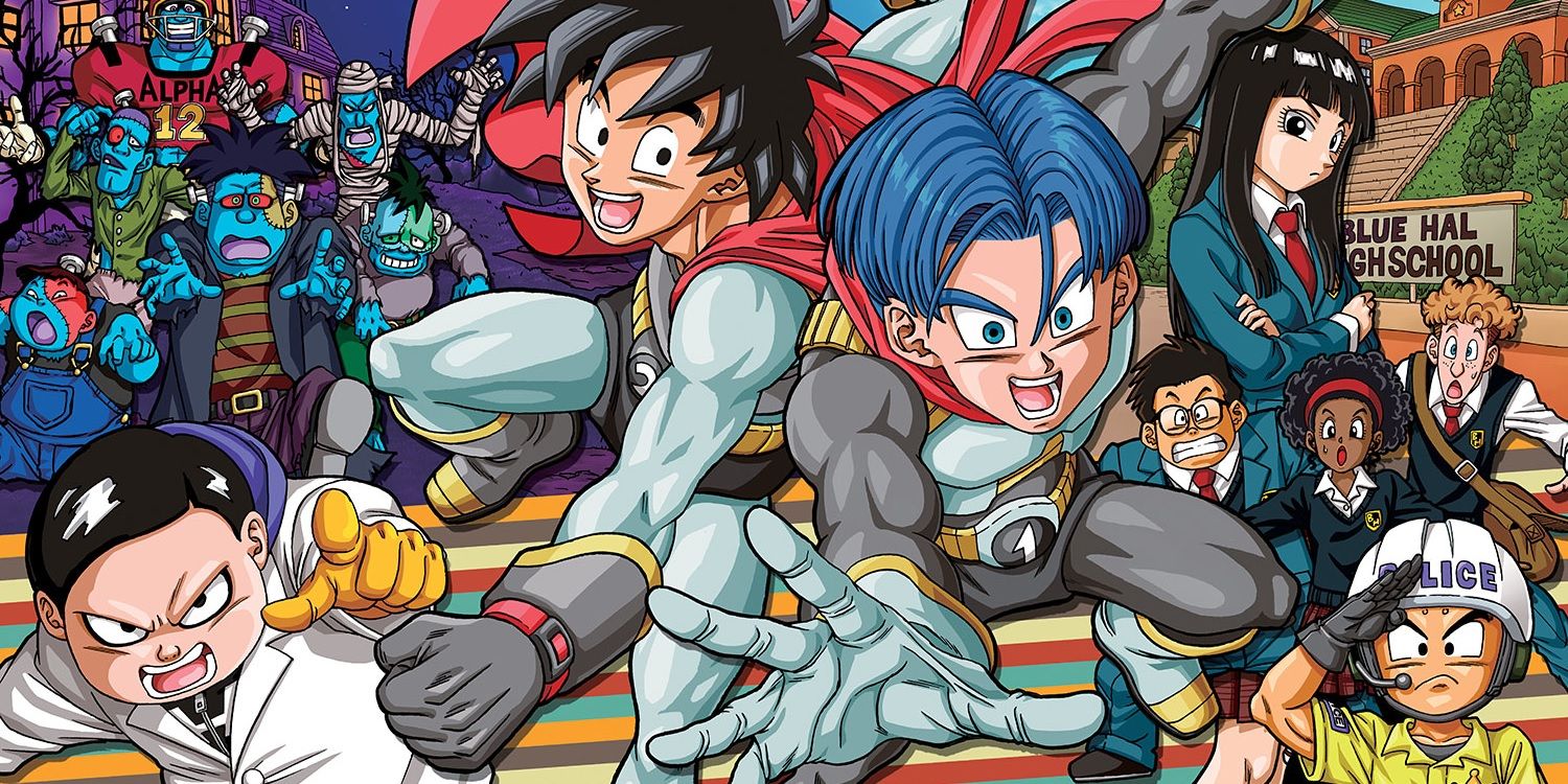 Goten and Trunks grinning and in costume in the Dragon Ball Super: Super Hero manga