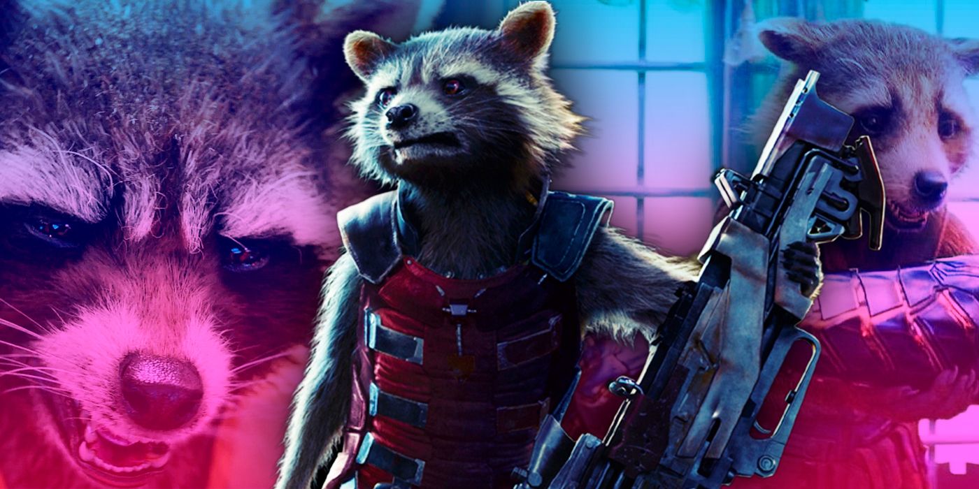GotG's Rocket holding a gun next to a close-up on his face and him holding Bucky's arm