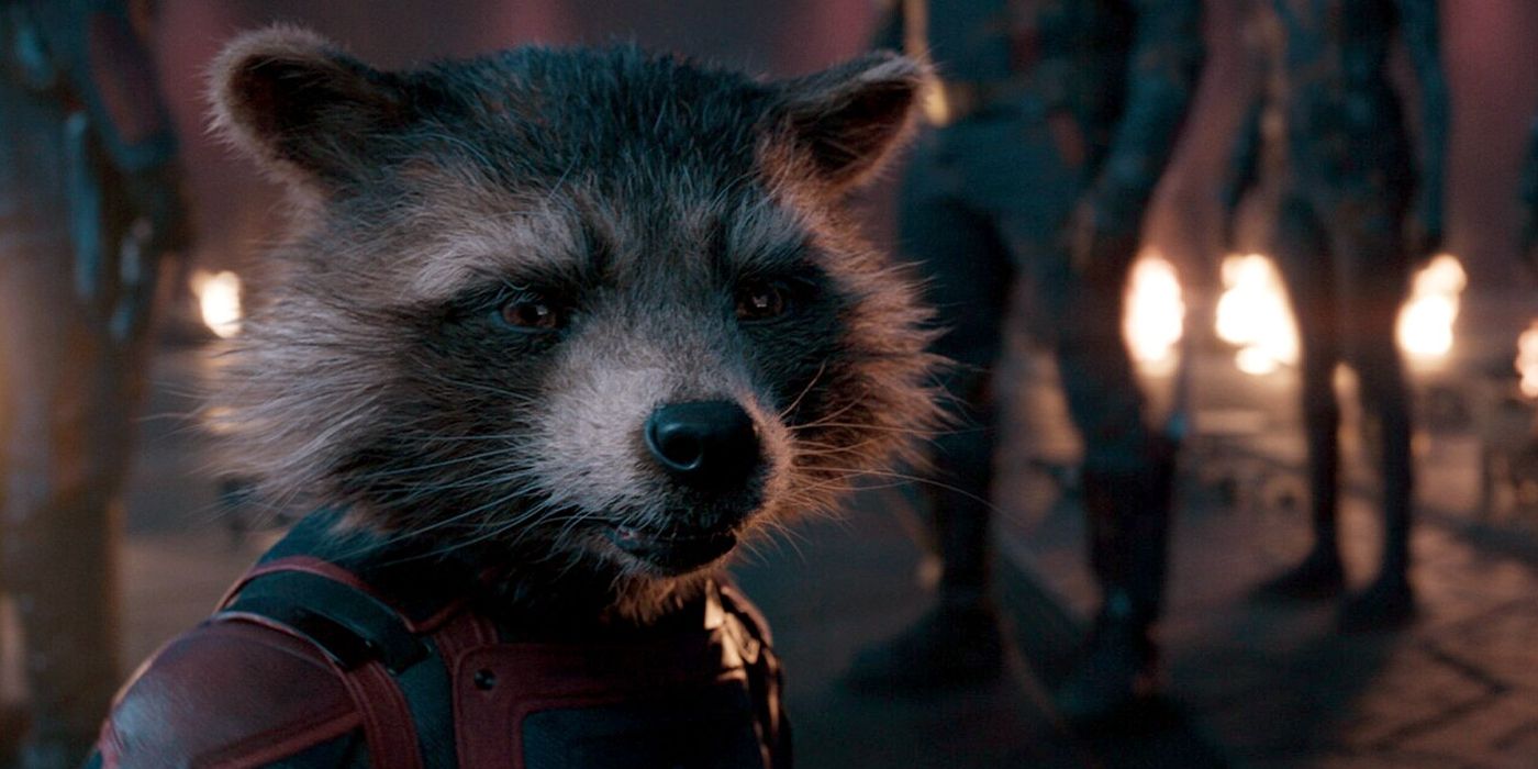 Rocket is seen in close up with the other Guardians standing behidn him in GOTG 3