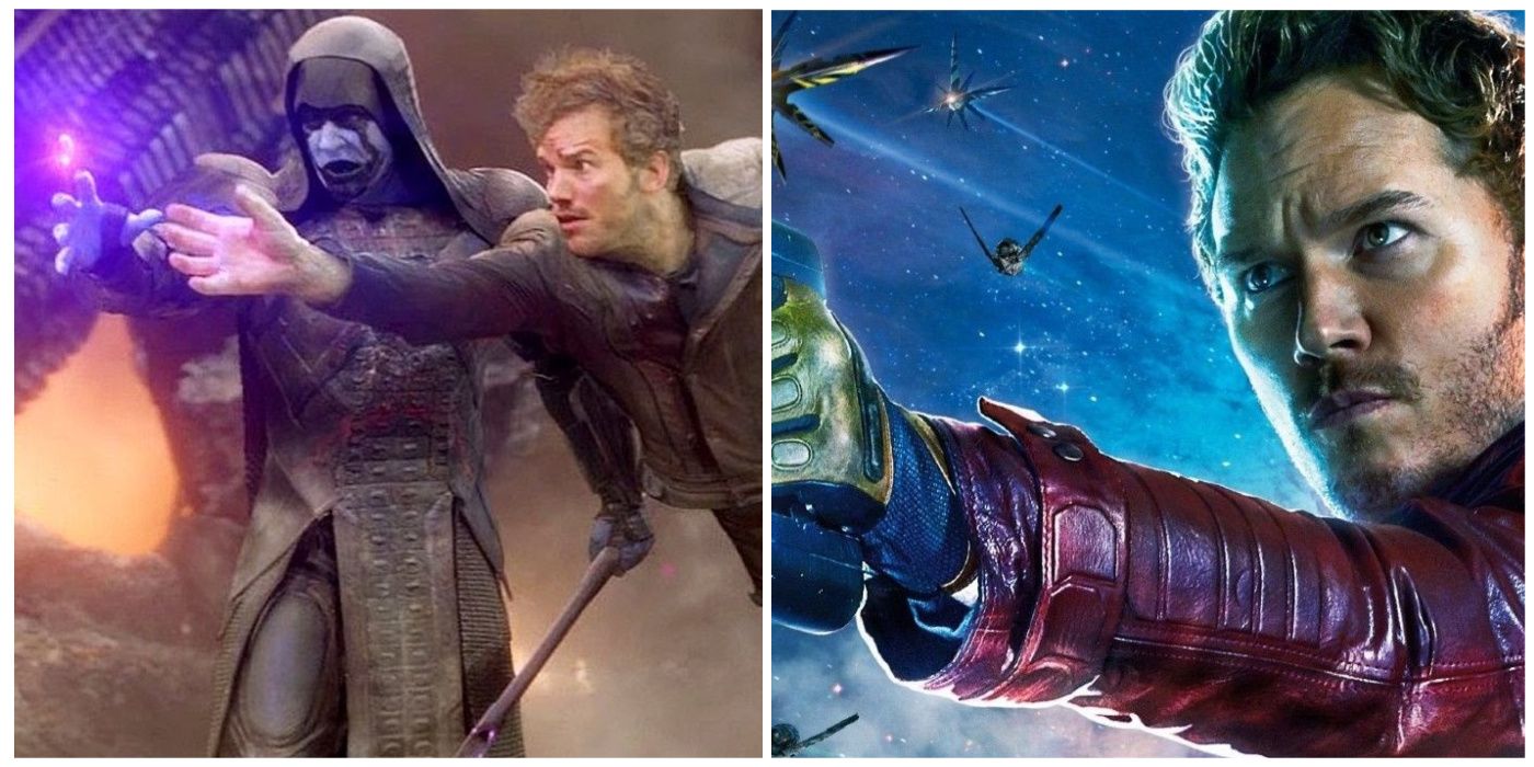 Peter Quill and Ronan and Star-Lord in front of spaceships and stars in GotG.